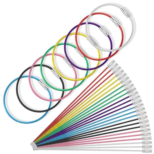 oruola Cable de alambre para llavero, paquete de 24 soportes grandes de acero inoxidable, aro para llavero para etiqueta de equipaje, llavero de cable de 15 cm en 8 colores para viajes, senderismo y