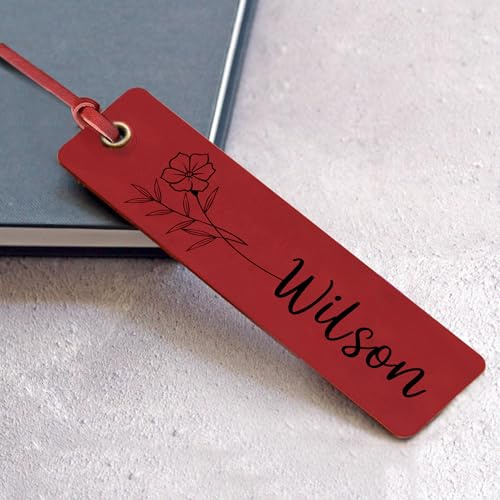 Personalised Bookmark Engraved Leather Book Mark Gifts with Birth Month Flower for Women Men Teacher Custom Bookmark Book Marks Bookmarks Gifts for Graduation Birthday Christmas (Red)