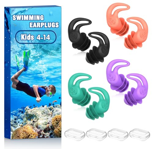 Tappi orecchie piscina bambini – 4 paia impermeabili riutilizzabili in morbido silicone tappi per le orecchie per doccia, nuoto, surf, snorkeling e altri sport acquatici