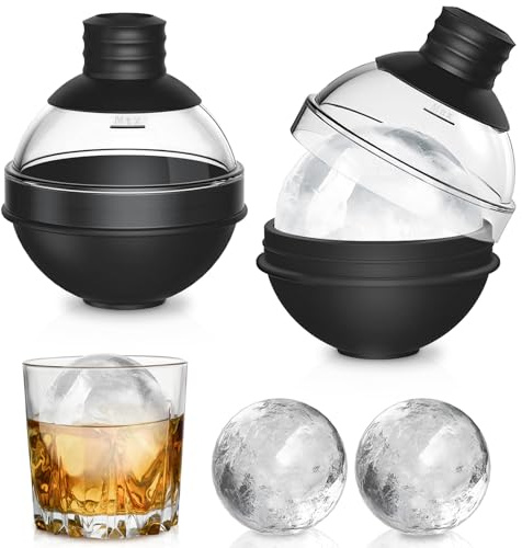 BOCHION Large Round Ice Cube Moulds 2 Pack, Silicone Ice Ball Molds Maker with 2 in 1 Transparent Plastic Funnel Lid, 6cm Giant Sphere Ice Tray for Freezer, Whiskey, Cocktails and Drinks, Easy Release