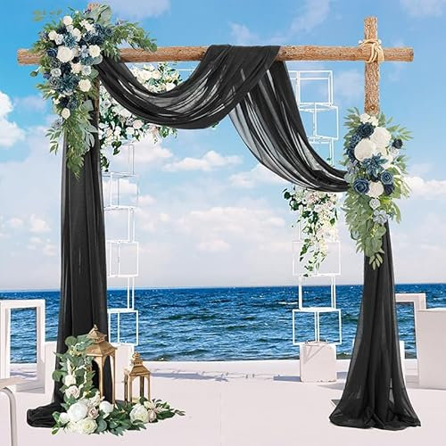 YKAFADE 2 Stück 75 * 400cm Querbehang Freihanddeko, Foto Hintergrund Vorhang Hochzeitsbogen Gardinen Vorhang Deko Chiffon Voile Freihandbogen Schals für Party Geburtstag Baby Dusche Taufe -Schwarz