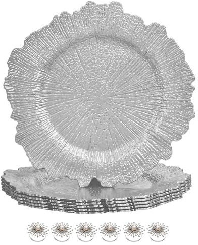Silver Charger Plate Set with Vintage Design & Pearl Diamante Napkin Rings – Elegant 33cm Chargers for Dinner, Weddings, Parties, Banquets, Events & Formal Table Décor - 6 Pcs