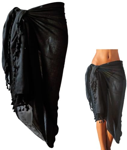 CABODYALS Pareo de Malla Negra con Borlas para Mujer, Pareo Largo para Playa, Traje de Baño Transparente, Pareo, Bikini Sexy de Verano, Vestido Cruzado, Chales Rectangulares, Accesorios para Faldas.