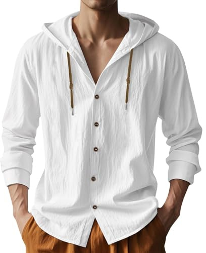 PIDOGYM Men Cotton Linen Long Sleeve Button Down Shirt Summer Casual Hawaiian Beach Tops Lightweight Fashion Hoodies White