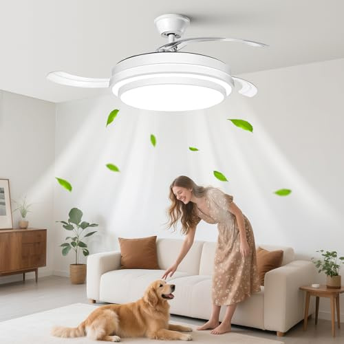 Aigostar Ventilador de Techo con Luz, Ventilador de techo con aspas retráctiles y luz LED, temperatura de color 2700K-6500K y brillo ajustables, función de temporizador, modos de verano e invierno
