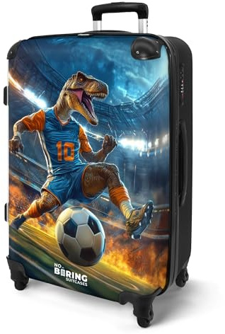 NoBoringSuitcases© Koffer Kinder Groß Reisekoffer Kinderkoffer 4 Rollen | 67x43x25 cm - Leicht Koffer Trolley Mittelgroß Hartschalenkoffer Kind Fußball - T-Rex - Stadion - Feuer