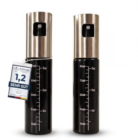 Leisure Life® | NEUEINFÜHRUNG | 2er Set Ölsprüher | 1 mm Edelstahlmantel | UV-Schutzglas | BPA-frei | 100 ml Ölzerstäuber für Olivenöl & gesundes Kochen (Obsidian Black & Obsidian Black – UV)
