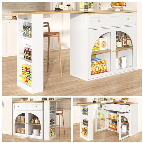 DRIXNO Ausziehbarer Bartisch mit Stauraum(138-204×39×104cm), 360° Drehbare Essbar, Sideboardschrank mit Regalen und Glas,Weiß
