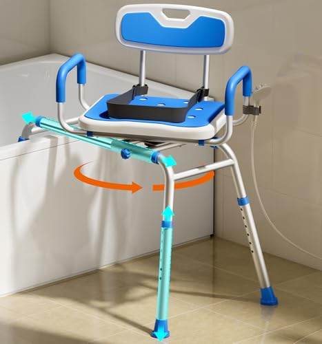 Bluelog FSA/HSA Eligible Sliding Shower Chair with Padded 360° Swivel Seat, 330lbs Tub Transfer Bench, Non-Slip Arms, Safety Belt, Adjustable Height for Elderly & Disabled Inside Shower