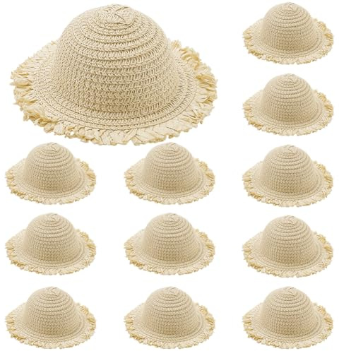 AHANDMAKER 12 mini sombreros de paja de 3 pulgadas, sombreros de punto a mano, adornos de mini tejido natural para casa de muñecas, manualidades, decoración de ropa, accesorios de joyería, trigo