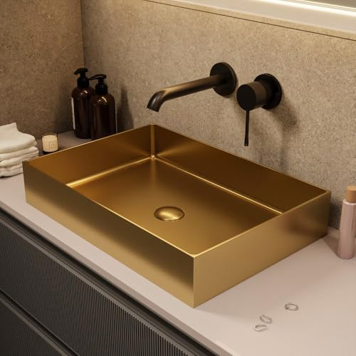 CERAMIA Timeless Vasque à Poser 55x38 cm Inox 304 | Sans trop plein | Bonde Or Brossé | Installation facile