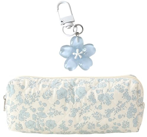 SiumPklay Floral Pencil Case for Girls​ with ​Flower Keychain​ – ​Cute School Supplies, ​Portable Pencil Pouch, ​Blue Flower Design