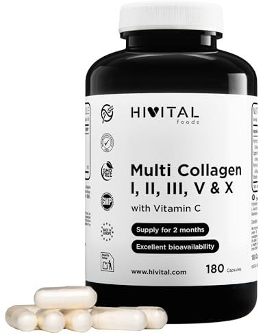 Multi Colágeno Hidrolizado. 180 cápsulas para 2 meses. Con Colágenos del Tipo I, II, III, V y X. Con Colágenos Hidrolizados Bovino y de Pollo, Membrana de Cáscara de Huevo y Vitamina C. HIVITAL