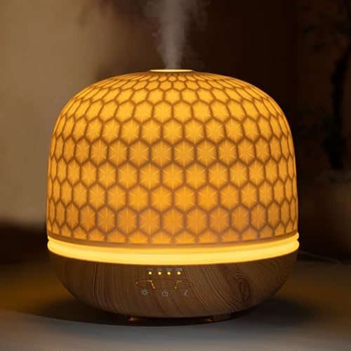 Wanlola Ceramic Diffuser, 500ml White Essential Oil Diffuser, Ultrasonic Aromatherapy Diffusers for Essential Oils, Cool Mist Humidifier with Timers Night Lights and Auto Off Function, for Large Home