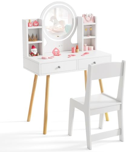 Maxmass Kids Dressing Table and Chair, Wooden Toddler Vanity Table with 2-Color LED Lighted Mirror, 2 Drawers, Storage Shelves, Children Makeup Desk Set Girls Princess Pretend Dresser (White)
