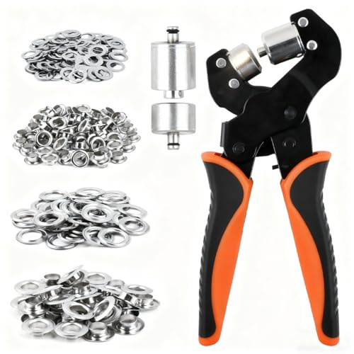 POUMUE Ösenzange Set mit 400 Ösen (Je 200 Ösen in Ø6mm und Ø10mm),Ösenzange für Planen mit Hebeltechnik,Ösen Set Stoffe mit Wechselbarem Stanzkopf, Lochzange Ösenzange Set für PVC-Banner,Planen,Karton