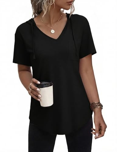 Aottori Felpa Donna Maglia Donna Estiva Cappuccio Maniche Corte Scollo a V | Miscela morbida elasticizzata, cappuccio, scollo a V e maniche corte, vestibilità larga per viaggio e tempo libero