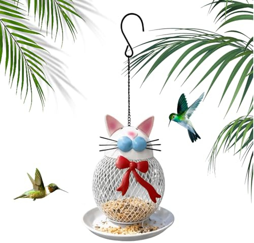 Mangeoire à oiseaux en forme de chat – Mangeoire de jardin suspendue pour l'extérieur, cadre en métal, accessoire décoratif pour la faune | Support de nourriture pour oiseaux à remplissage facile pour