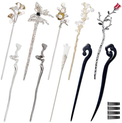 YiiHHooN Horquillas Chinas Vintage, 10 Piezas Palillos para el Cabello Dorados y Plateados con Horquillas Negras, Palillos de Pelo de Metal y Madera para Moños y Accesorios de Cabello para Mujer