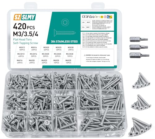 420 Pcs Flat Countersunk Head Torx Screws Set, Stainless Steel Sheet Metal Screws, Tamper Proof Self Tapping ScrewsSecurity Screw Set for Wood Mechanical Industry (Silver)