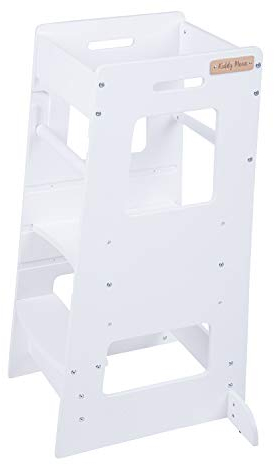 KiddyMoon Lernturm Für Kinder Ab 1 Jahr, Anti Kipp Schutz, Höhenverstellbar (3-Stufiger), Montessori Learning Tower, Küchenhelfer, Höchste Sicherheit, Inkl. Montagezubehör, Modell ST-003, Weiß