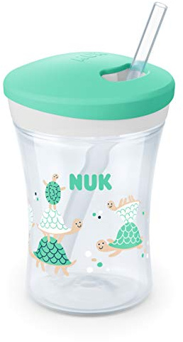 NUK aktionskopp småbarn kopp | 12+ månader | vrid stänga mjukt sugrör | läckagesäker | BPA-fri | 230 ml | sköldpadda (klar) | 1 antal