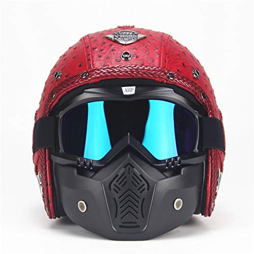 MRDEAR Jethelme Damen Rot Retro Motorradhelm Vintage mit Visier Brille Maske, Motorrad Rollerhelm Handgemachtes PU-Leder Mofa-Helm Scooter-Helm Roller Chopper,S