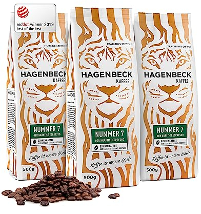 Hagenbeck Nummer 7 3x500g (1,5kg) | Ganze Espresso-Bohnen aus traditioneller Röstung | Kräftig-würziger Geschmack mit schokoladig-nussiger Note | Kaffeebohnen stark | Ideal für Kaffee-Vollautomaten
