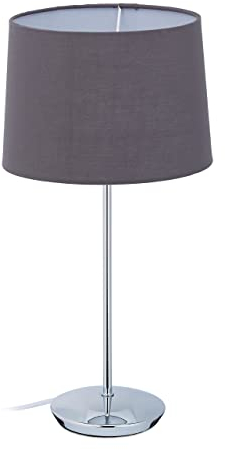 Relaxdays Tischlampe mit Stoffschirm, verchromter Fuß, E14 Fassung, Wohn- & Schlafzimmer, moderne Nachttischlampe, grau