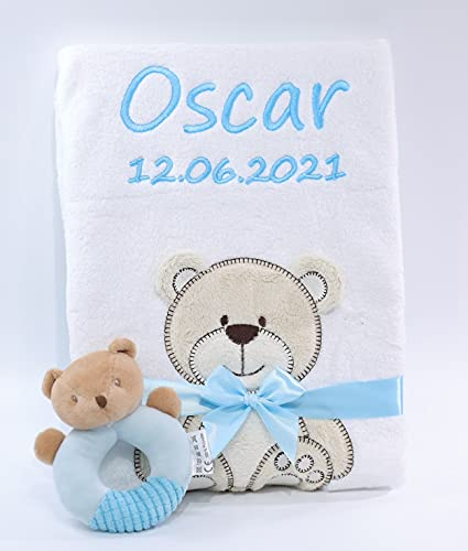 GESCHENKSET Babydecke mit Namen und Datum Bestickt +Spielzeug + Geschenkbox (Weiß Teddy + Spielzeug)