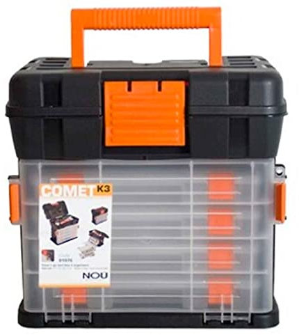 Boîte à outils 25,5 x 28 x 17,5 cm avec plusieurs achats individuels. Coffre spécial bricolage avec différentes divisions pour ranger ou ranger des ustensiles, noir et orange