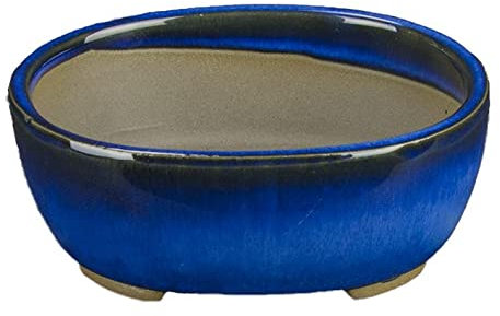 Japanische Bonsaischale Morrisan oval aus blau glasiertem Steinzeug 9,5x7,5x3,5 cm - B02-8-1B