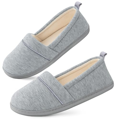 EverFoams Womens' Memory Foam Comfort Knit House Shoes Light Weight Terry Cloth Loafer Slippers with Anti-Skid Rubber Sole Light Grey 7 UK