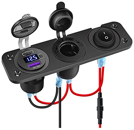 Auto Ladegerät Schalttafel, 12V-24 QC3.0 USB Port +PD Port Ladebuchse Mit EIN/AUS Schalter + Zigarettenanzünder Adapter+ Voltmeter + ON/Off Schalter Toggle Panel (3 Loch Panel)