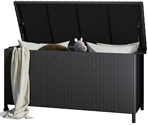 Grand patio Rattan Auflagenbox 480 Liter Gartenbox mit Deckel und Gasdruckfedern, UV-beständig Aufbewahrungskiste mit Zwei Radern, Leicht Bewegen, Kissenbox für Garten, Balkon (Schwarz)