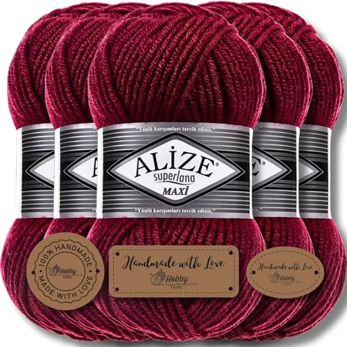 Alize 5 x 100g Superlana Maxi Türkische Premium Wolle Baumwolle und Acryl Uni Handstrickgarne, Yarn, Garn, Strickgarn, Einfarbig, Baby, zum Häkeln Stricken Kleidung Schals (Cherry - 390)