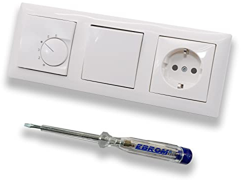 Halmburger UP Raumthermostat Raumtemperaturregler RTR-5510rg in Busch Jäger Balance SI alpinweiß + Wechselschalter 2000/6 US + Steckdose mit Kinderschutz + EBROM Phasenprüfer zur Montage der Geräte