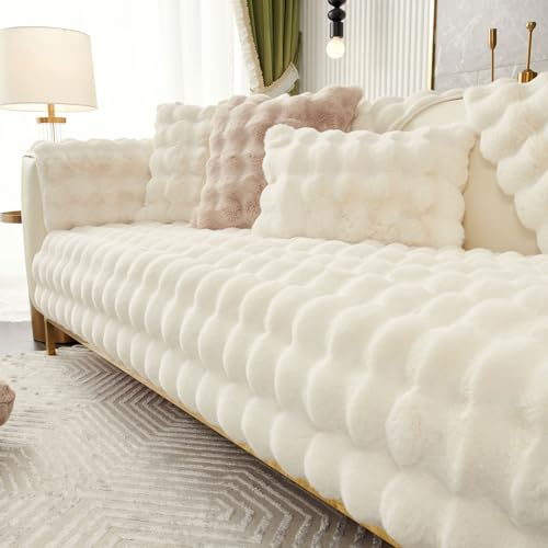 Weiche Kaninchen-Kunstpelz Rutschfest Sofa überzug (Beige Weiß, 90x120cm) | Couch überzug Waschbar, Sofa Cover für Sektionssofa, Hund Sofabezug, Sofa überzug L Form, Ledersofaschoner für das Wohnzimmer