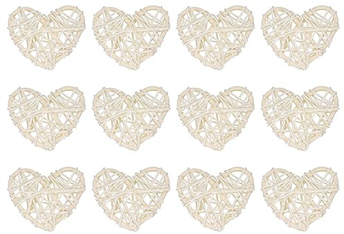 sourcing map 12Pcs Heart Shaped Rattan Ball Vase Filler Natural Rattan for Valentine's Day Decoration Wedding Home Decoration White 2.36 in