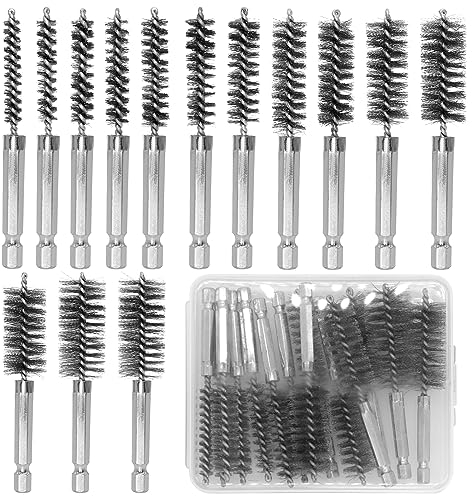 ZHIYUQL 14 Stück Drahtbürste Bohrmaschine, Heizkesselbürste Edelstahl Kesselbürste mit Sechskantstange 1/4 Zylinderbürste für Polier Schleifen Schlagbohrmaschinen, 8-25mm