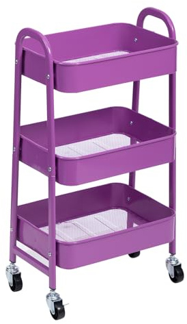 AGTEK 3 Tier Utility Rolling Cart with Lockable Wheels, Metal Multifunctional Storage, Organizer Cart for Kitchen, Office, Living Room, Makeup, Craft, Art Studio, Violet