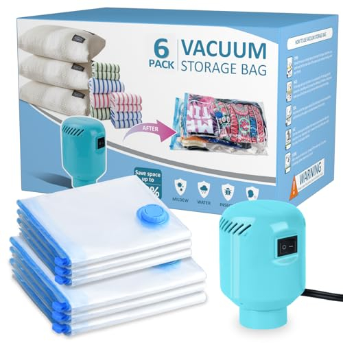 Kissleaf Vakuumbeutel für Kleidung Bettdecken mit Elektrische Pumpe 6 Stück (3 Jumbo, 3 groß) Reise Schnelles Ablassen der Luft Platzsparend,wasserdichtplus Größe für mehr Kompression