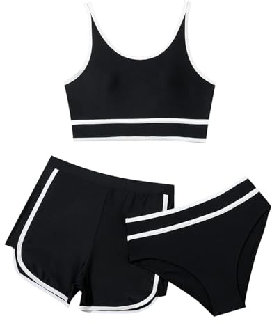 Bikini Teenager Mädchen 3-teiliges Bikini-Sets Sport Badeanzug Verstellbare Bikini Oberteil mit Triangel Bikinihose und Kurz Shorts Sporty Sommer Strand Bademode Badebekleidung für 8-14 Jahre