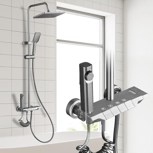 Julymoda Colonna Doccia con Miscelatore Alluminio Kit Doccia Idromassaggio con Soffione 30×20cm e Doccetta 3 Modalità Tasti di Pianoforte 4 Funzioni Cascata Doccetta Altezza Regolabile (Argento)