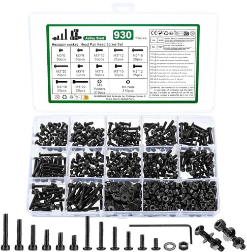 930 Pcs M3 Bolts and Nuts Set with Washers, Hex Socket Head Cap Screws Bolt Set & Hex Socket Button Head Cap Screw, Small Pan head Machine screws bolts, 12.9 Grade/10.9 Grade Carbon Steel, Black