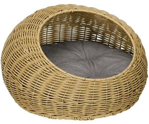 PawHut Wicker Cat House with Washable Cushion for Indoor Cats, Light Brown