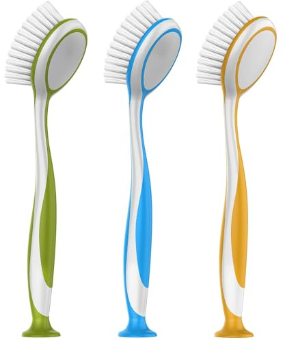 NUZBCPETR Round Dish Brush, Handle with suction cup, can stand on flat surface like sink and tile Size: Dia 5.5 x 25cm - Pack of 3