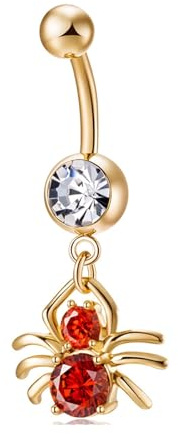 Tolldek Piercing Schmuck, Bauchnabelpiercing Edelstahl,Rot Kristalle Piercings Set mit Spinne Anhänger Körper Piercing, Körper Schmuck für Damen Mädchen 38MM, Gold