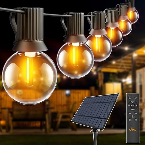 Ollny Solar Lichterkette Außen 20M mit 30+2 LED-Glühbirnen, Solarbetriebene G40 Außenbeleuchtung mit Fernbedienung, 3 Beleuchtungsmodi, Timer-Funktion, IP65 wasserdichte für Garten, Balkon, Partydeko