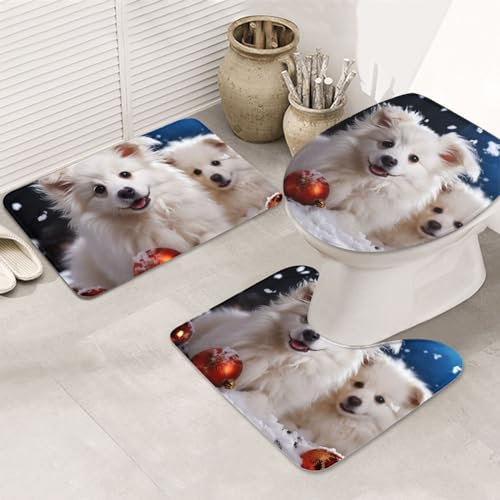 QMNEHJ Badezimmerteppich-Set, 3-teilig, saugfähig, Badematte für Badezimmer, rutschfest, U-förmig, Kontur-WC-Vorleger, Frohe Weihnachten, weißer Schneehund, Fußmatten, waschbar, Duschvorleger mit